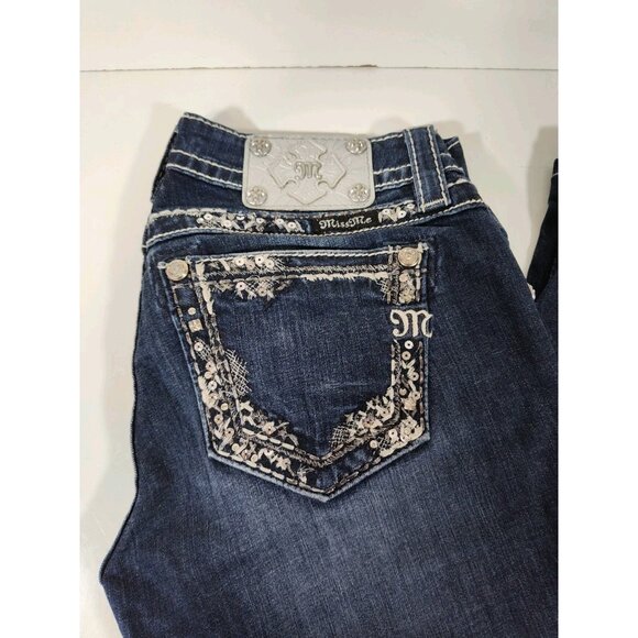 Miss Me Women's Jeans Size 26 Mid Rise Easy Skinny Embellished Pockets Dark Wash - Picture 2 of 12